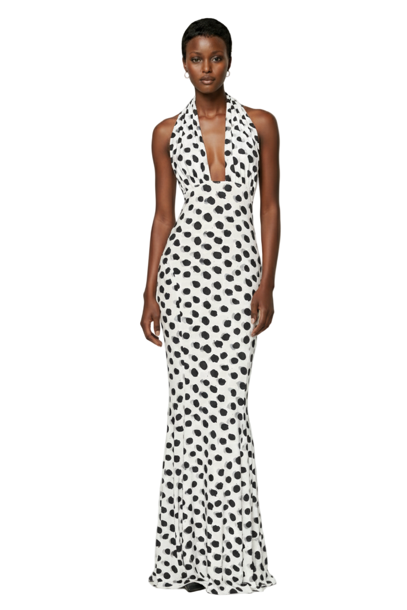 Norma Kamali Cross Halter Fishtail Gown in Paint Dots – Shop Zeemaya