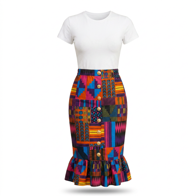 Nta Elastic-Waist Luxe Ankara Cotton Skirt - Effortless Sophistication Hover Image