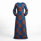 Akuru Ankara Faux Silk V-Neck Maxi Dress - Elegant Lantern Sleeves