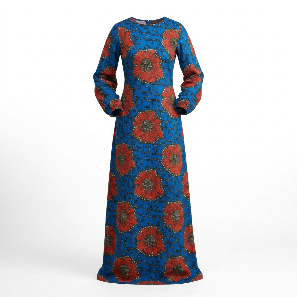 Akuru Ankara Faux Silk V-Neck Maxi Dress - Elegant Lantern Sleeves