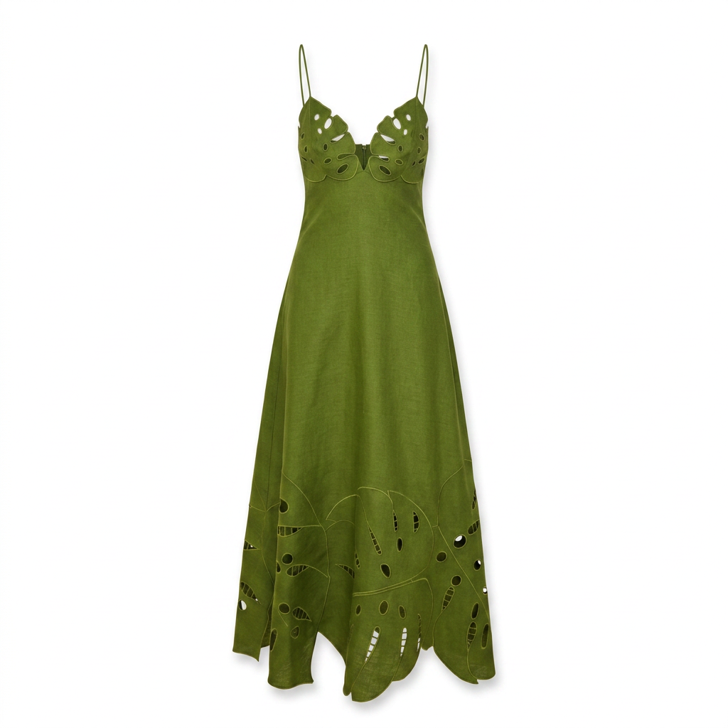 Green Monstera Embroidered Midi Dress