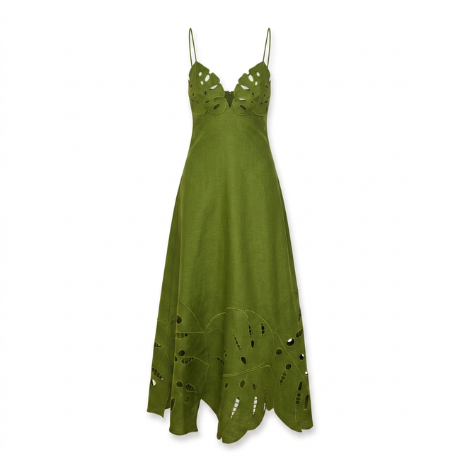 Green Monstera Embroidered Midi Dress Hover Image