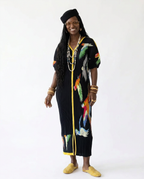 Spirited Pleated Bird Print Kaftan Dress