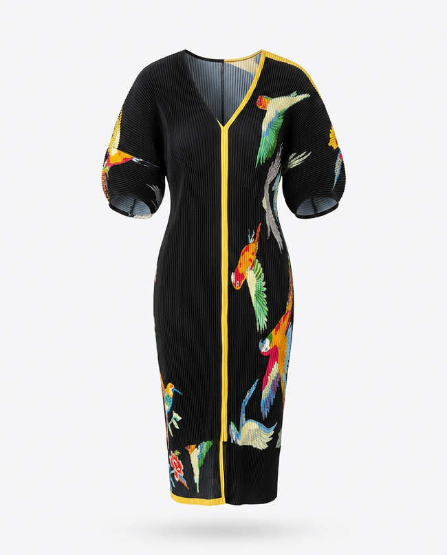 Spirited Pleated Bird Print Kaftan Dress Hover Image