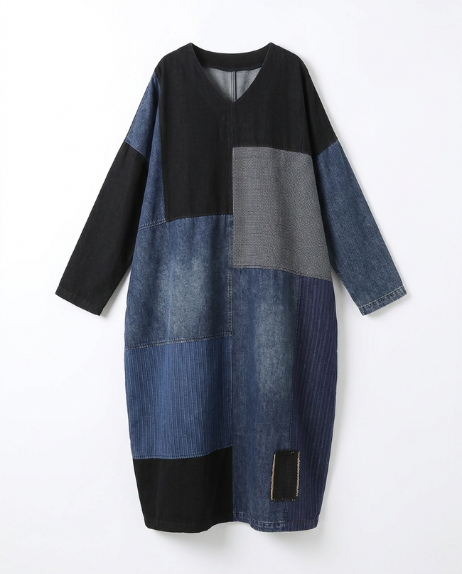 Untamed Patchwork Denim Maxi Dress Hover Image