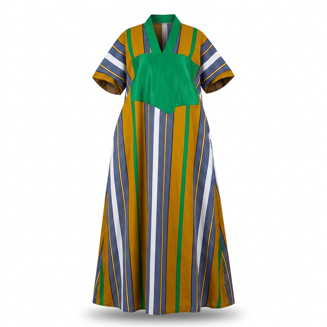 Oliaku Striped Bubu Dress with Aso Oke Embellishment Hover Image