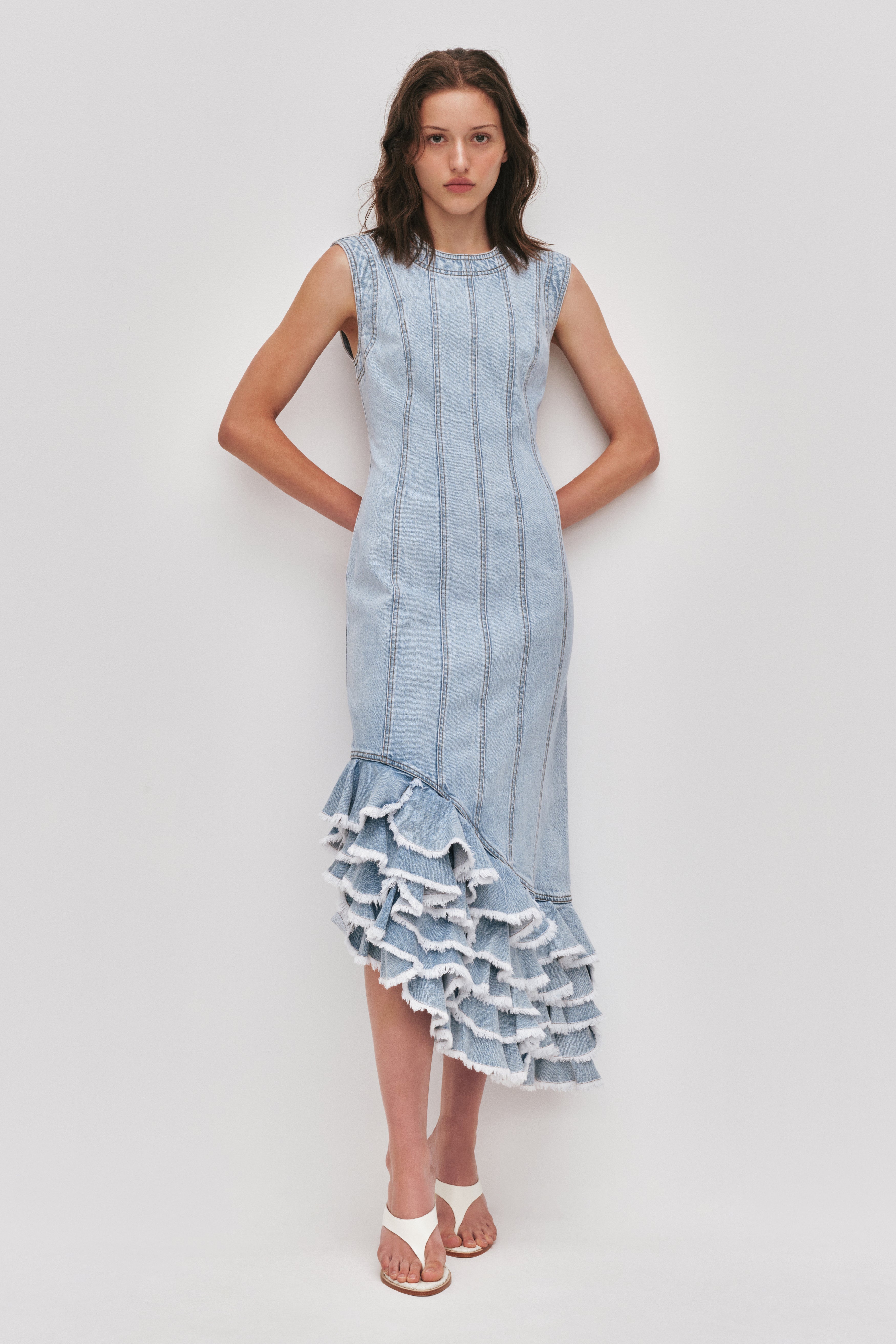 Tia Ruffle Denim Midi Dress