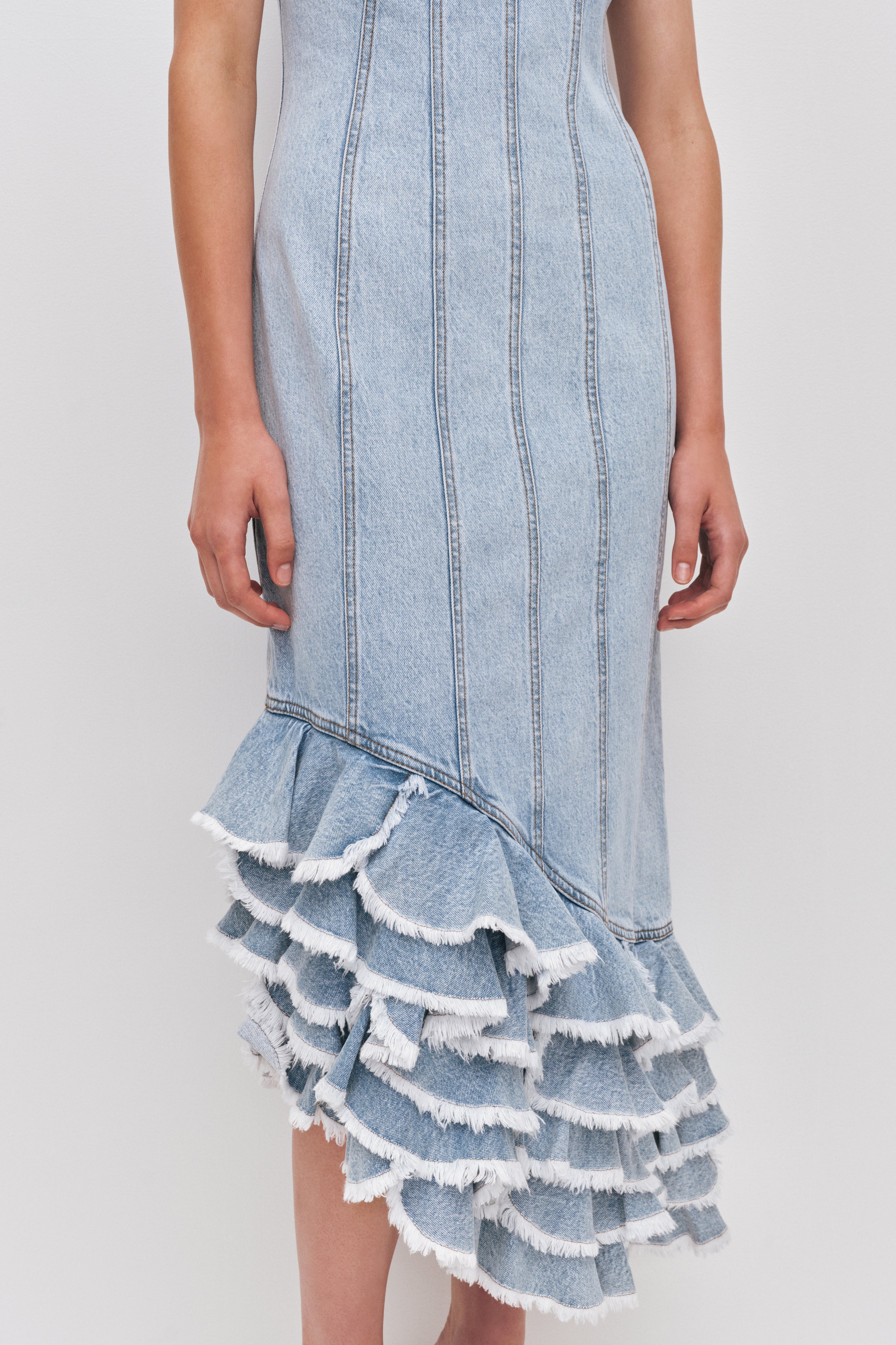 Tia Ruffle Denim Midi Dress