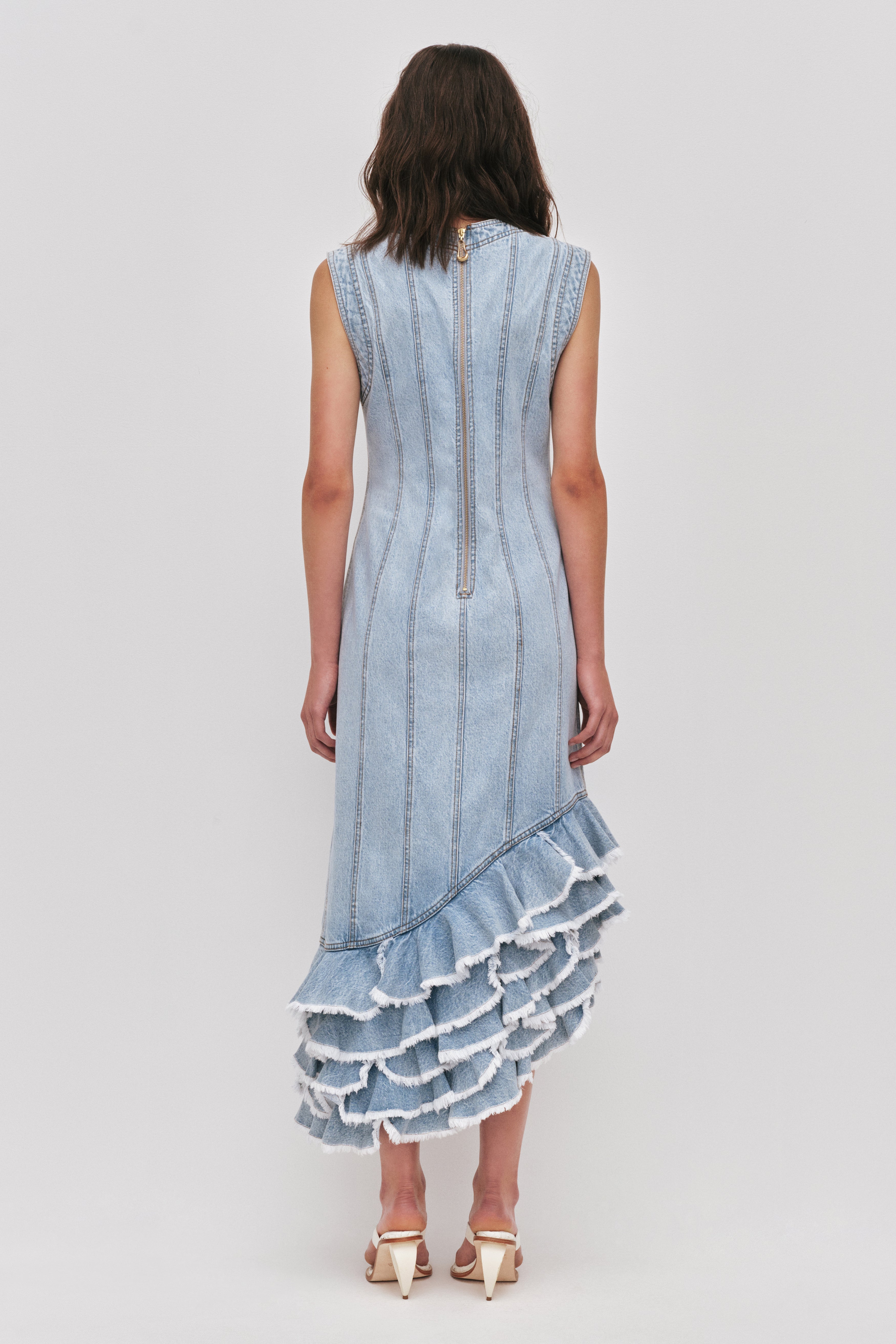 Tia Ruffle Denim Midi Dress