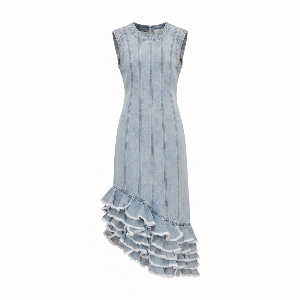 Tia Ruffle Denim Midi Dress