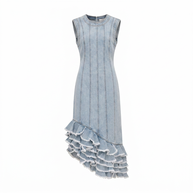 Tia Ruffle Denim Midi Dress Hover Image