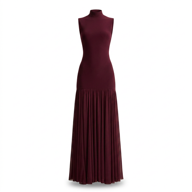 Gigi Burgundy High-Neck Maxi Dress With Drop-Waist And Sheer Skirt Hover Image