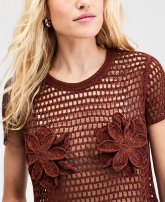 Bar III Women's Floral Crochet T-Shirt