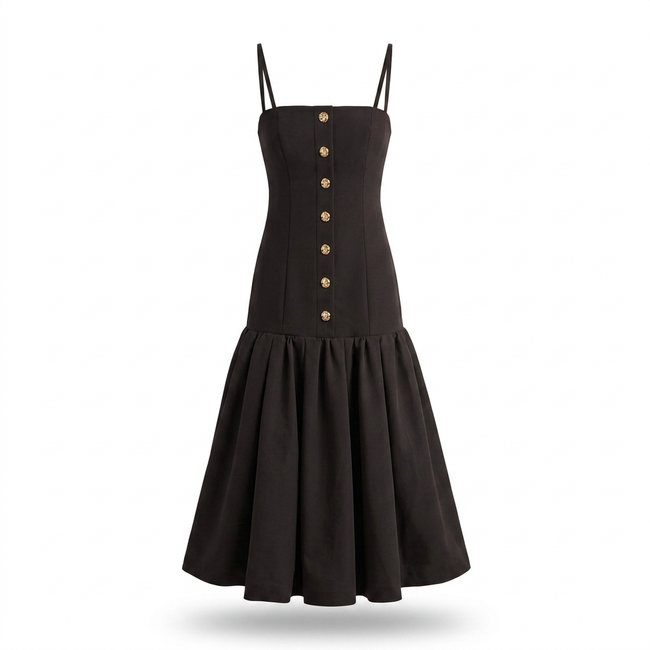 Briella Black Bandeau Midi Dress With Gold-Button Detailing Hover Image