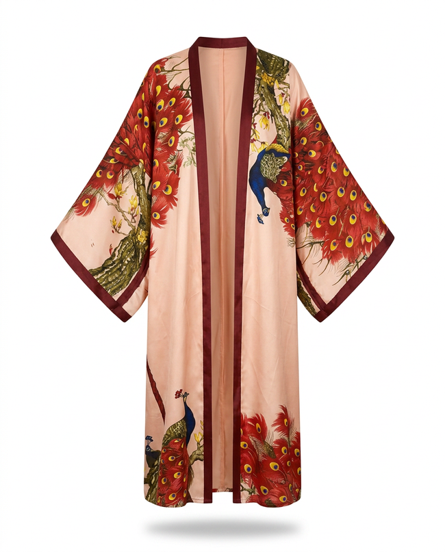 Vibrant Peacock Print Maxi Kimono Hover Image
