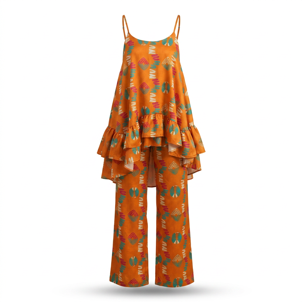 Imenne Ankara Faux Silk Tiered Camisole & Wide-Leg Trouser Set
