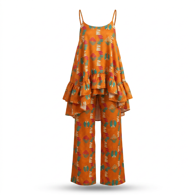 Imenne Ankara Faux Silk Tiered Camisole & Wide-Leg Trouser Set Hover Image