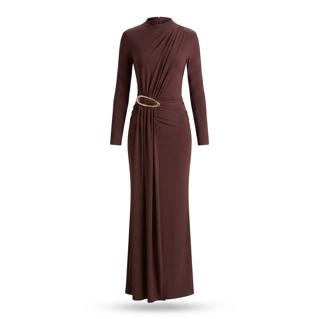 Zadie Brown High-Neck Maxi Dress With Gathered-Detail