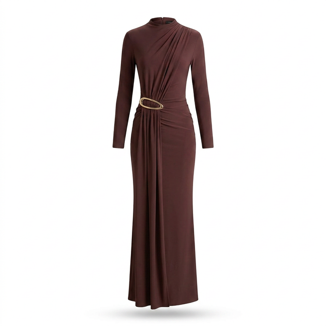 Zadie Brown High-Neck Maxi Dress With Gathered-Detail Hover Image