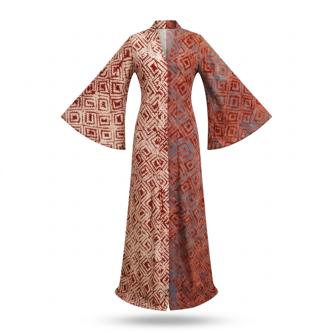 Ijenu Two-Tone Adire A-Line Dress with Bell Sleeves Hover Image