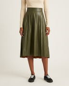 Olive Faux-Leather Pleated Skirt