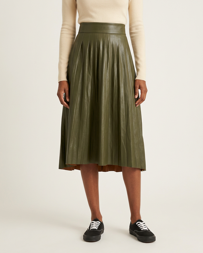 Olive Faux-Leather Pleated Skirt Hover Image