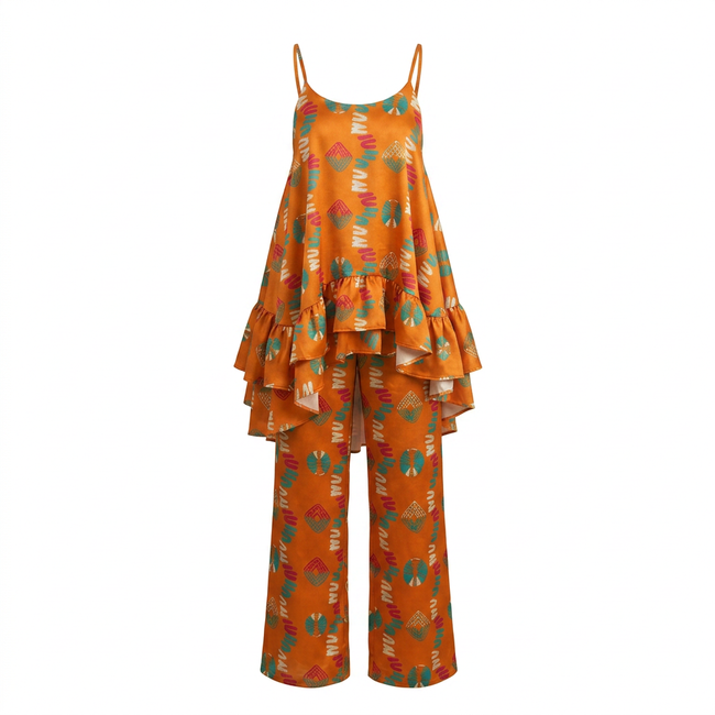 Imenne Ankara Faux Silk Tiered Camisole & Wide-Leg Trouser Set Hover Image