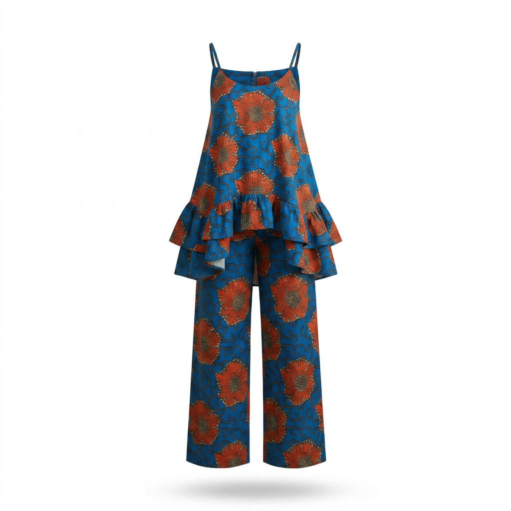 Osundu Ankara Faux Silk Tiered Camisole & Wide-Leg Trouser Set