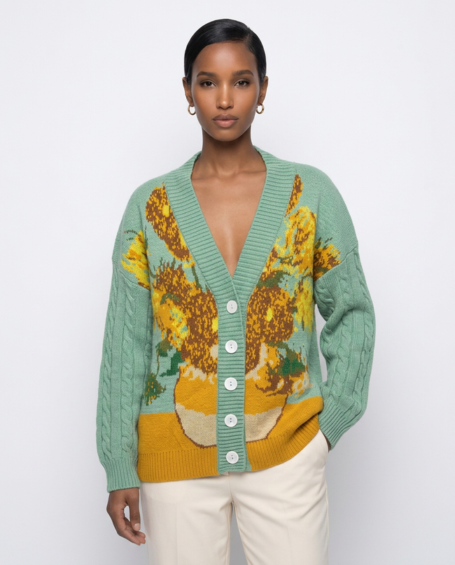 Impressionist Sunflower Knit Cardigan Hover Image