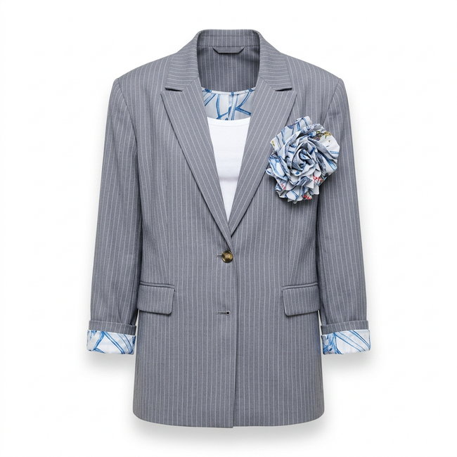 Women's Flower Pin Pinstripe Blazer, Macy's Exclusive-Molly Rogers Capsule Collection Hover Image