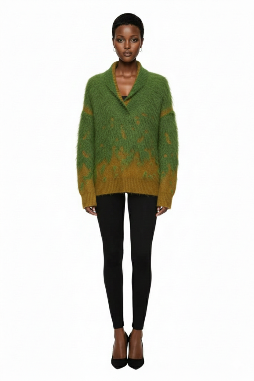 AKNOTIC Party Loose Drop Shoulder V-Neck Red And Green Sweater