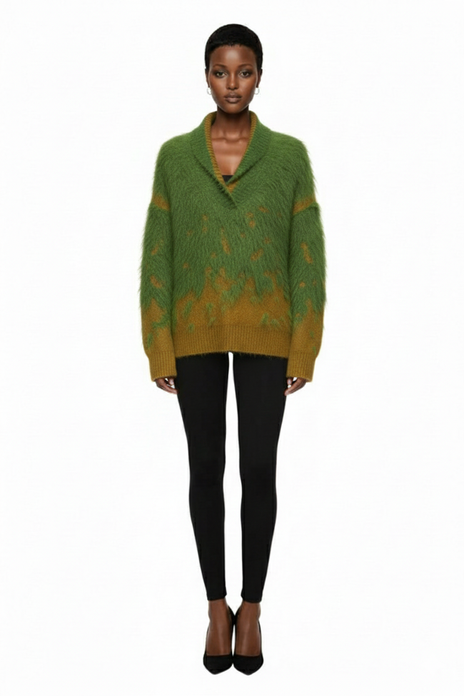 AKNOTIC Party Loose Drop Shoulder V-Neck Red And Green Sweater Hover Image