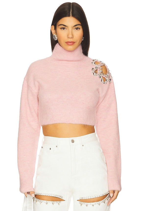 AREA Flower Cropped Turtleneck Sweater in Baby Pink