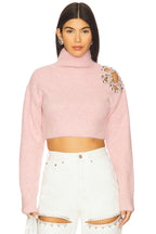 AREA Flower Cropped Turtleneck Sweater in Baby Pink