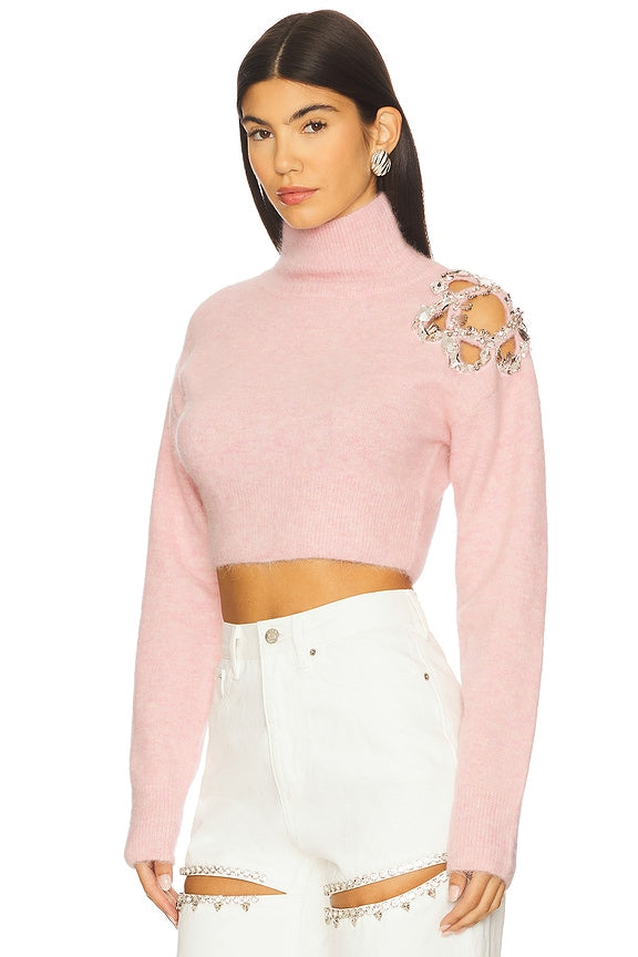 AREA Flower Cropped Turtleneck Sweater in Baby Pink