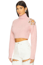 AREA Flower Cropped Turtleneck Sweater in Baby Pink