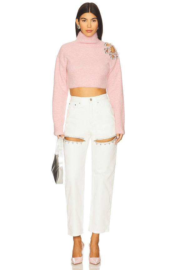 AREA Flower Cropped Turtleneck Sweater in Baby Pink