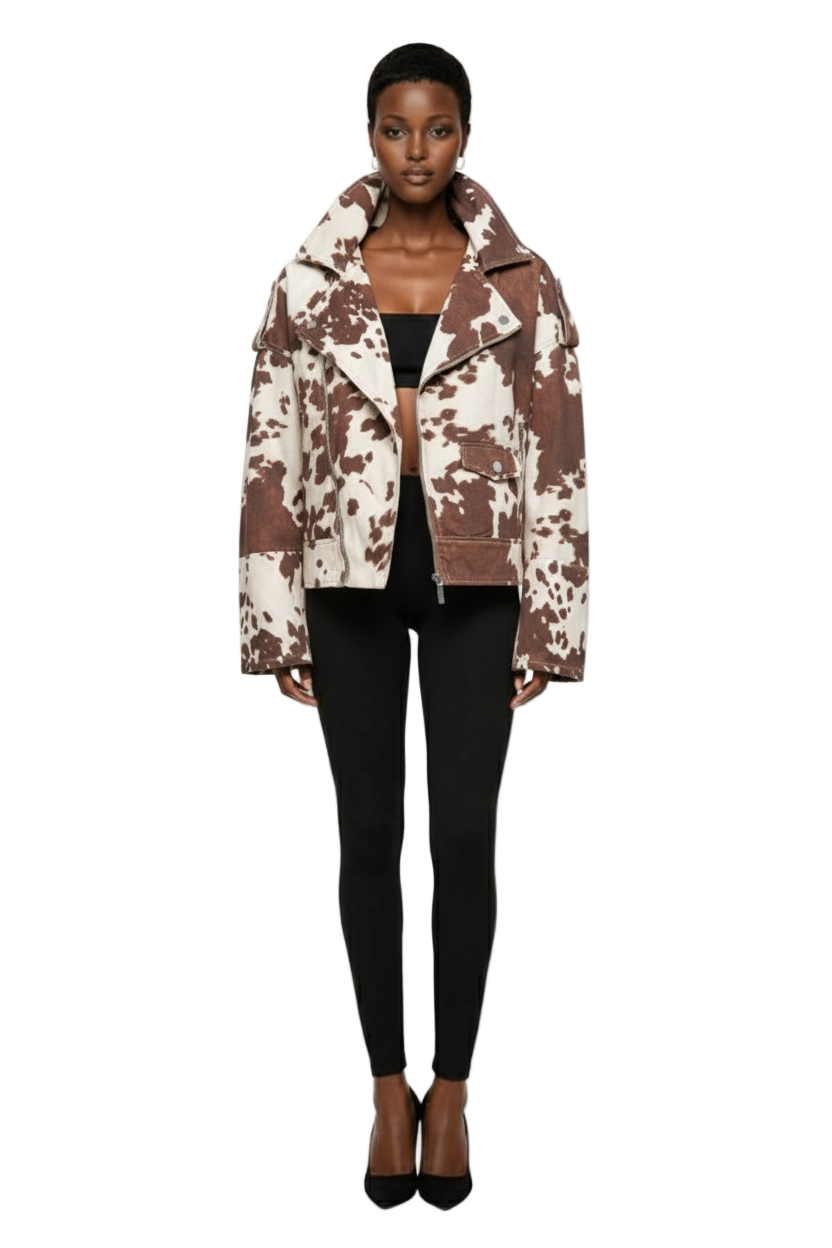 AiiRZ Designer Cow Print Biker Denim Jacket