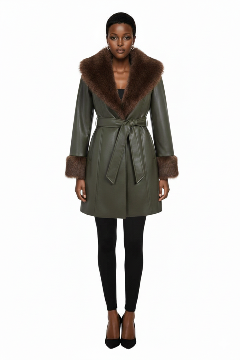 Aliao Cinching Waist Faux Fur Lapel Spliced Leather Warm Coat