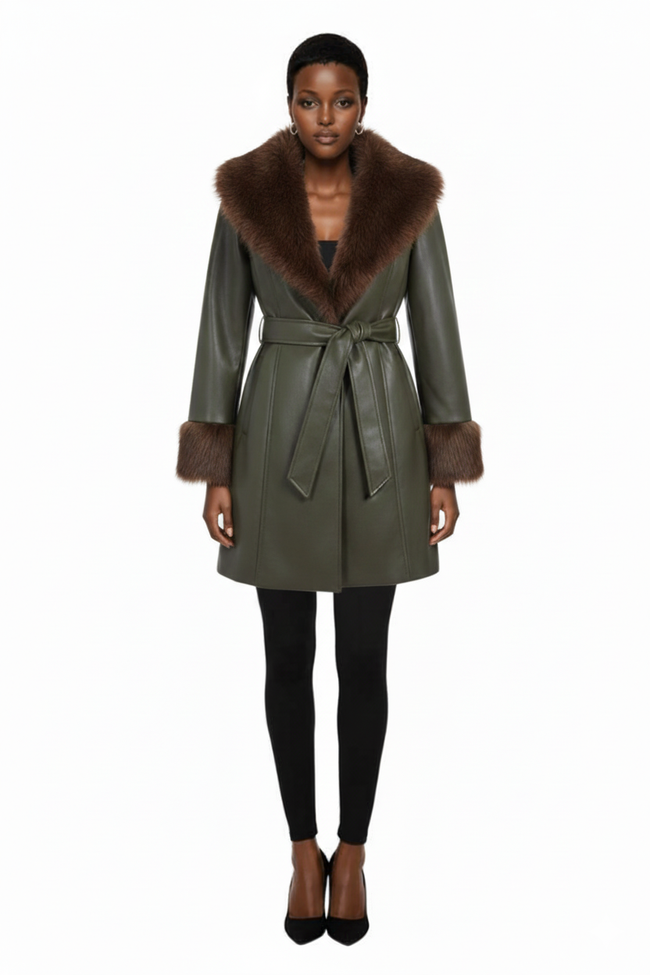 Aliao Cinching Waist Faux Fur Lapel Spliced Leather Warm Coat Hover Image