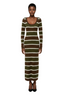Aloruh New Fashion Retro Striped Green Coffee Color Contrast Slim Dress