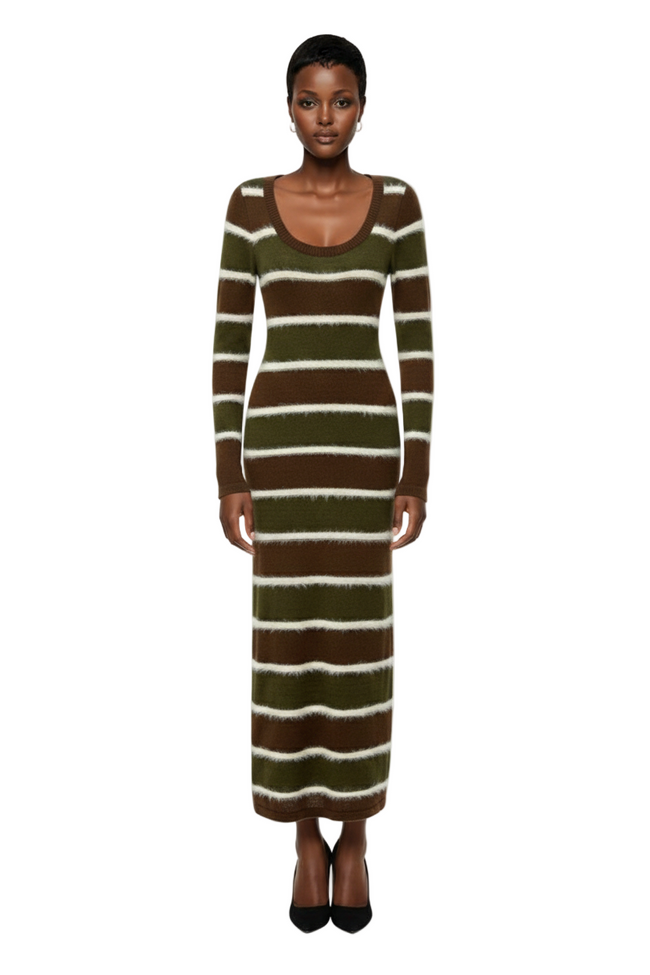 Aloruh New Fashion Retro Striped Green Coffee Color Contrast Slim Dress Hover Image