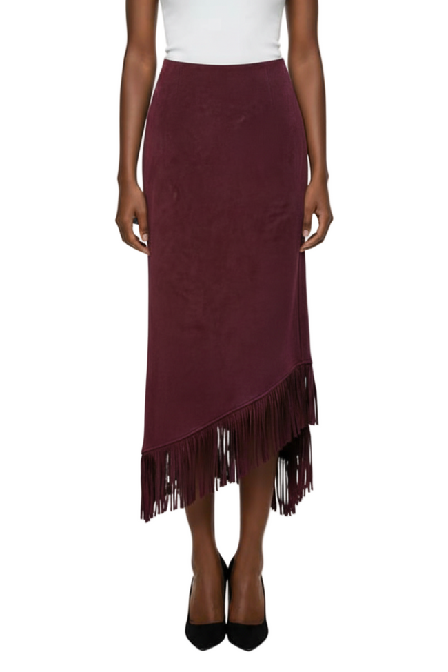 Aloruh Women's Extra Long Suede Skirt, Burgundy Ankara Red Vintage Bohemian Skirt Hover Image