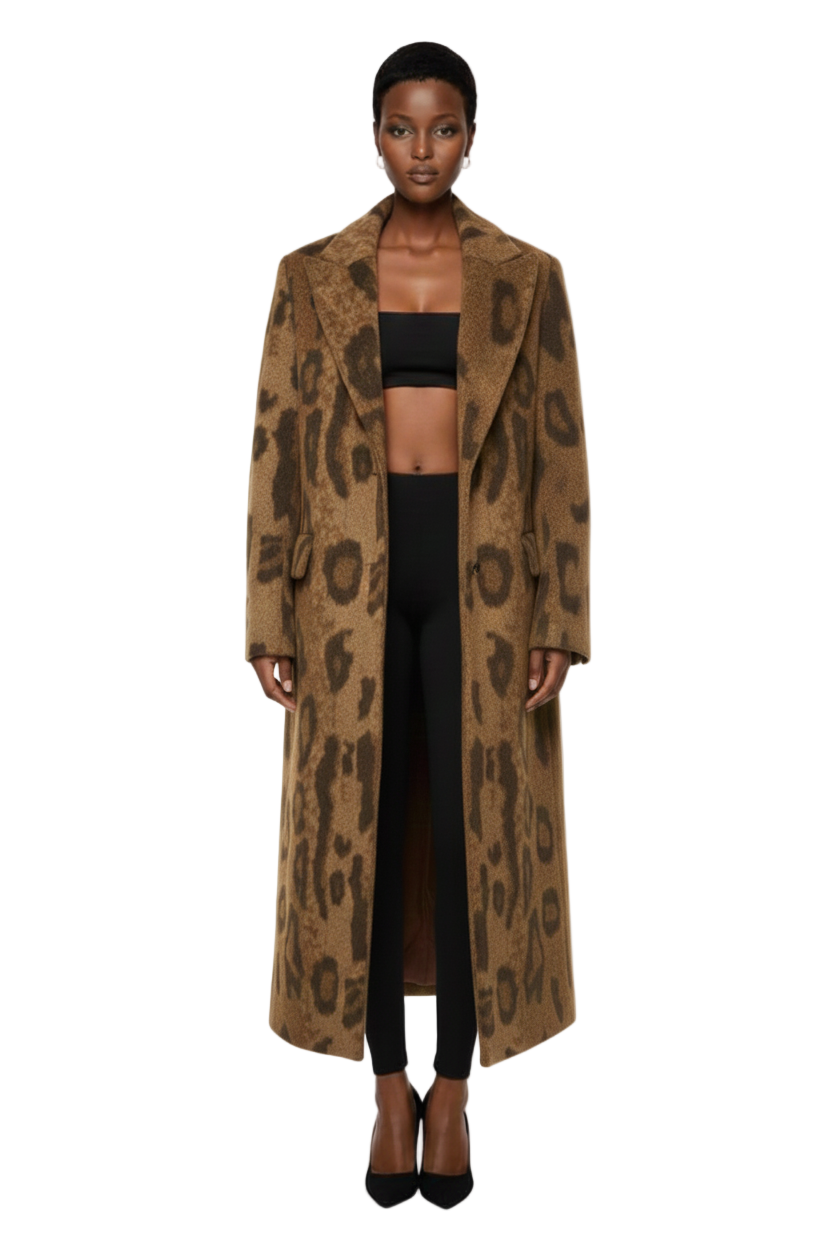 Anewsta Brown Animal Leopard Print Single-Breasted Notched Collar