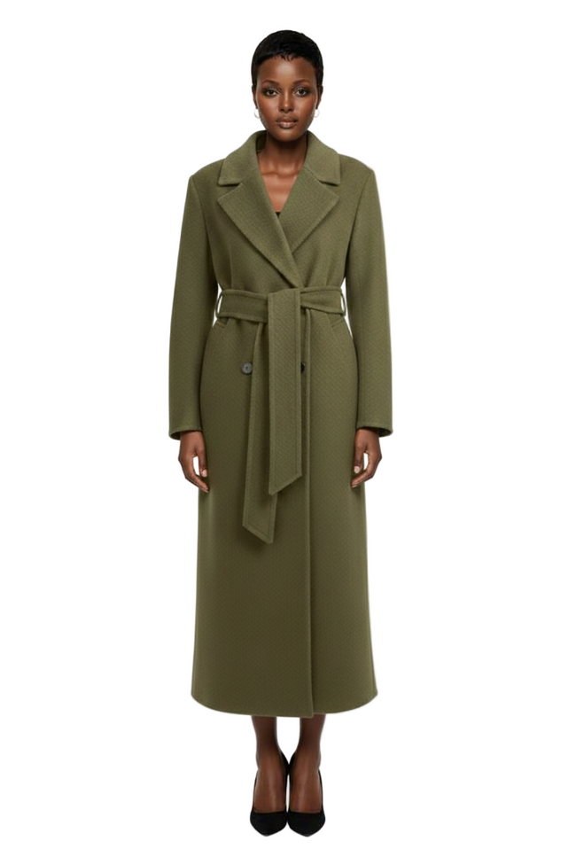 Anewsta Women Green Mid-Length Cinched Waist Waist Overcoat With Lapel Collar Hover Image