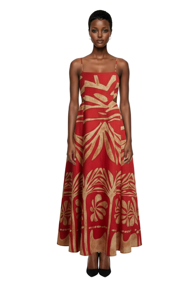 Arave Women's Linen Elegant Tropical Print Backless Hollow Out Waist-Cinched Dress Hover Image