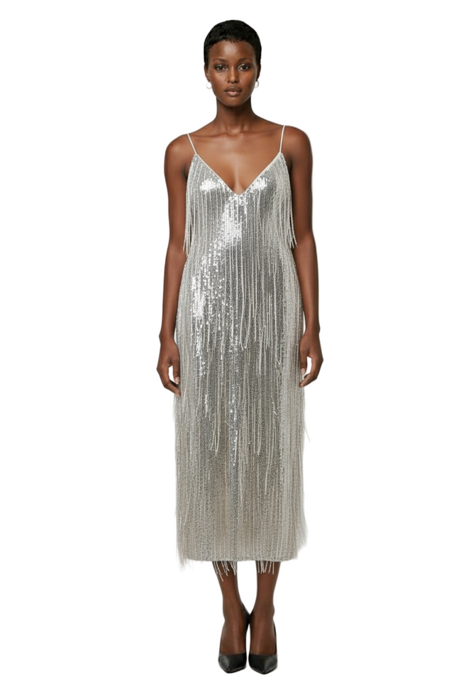 Woven Sequin Tassel Spaghetti Strap Ruched Waist Bodycon Dress Hover Image