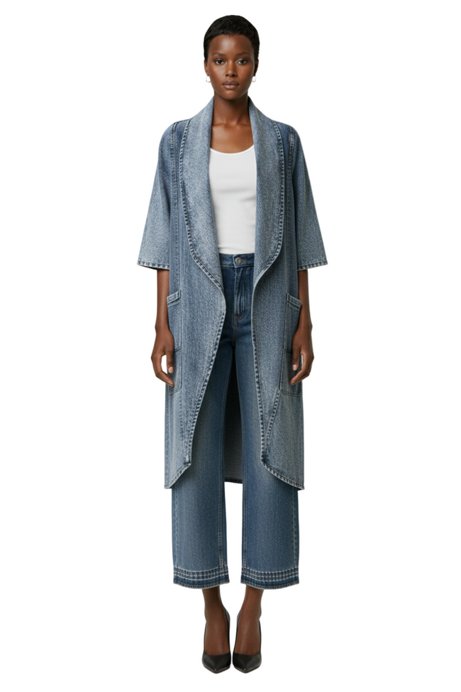 Architectural Longline Denim Kimono Coat Hover Image