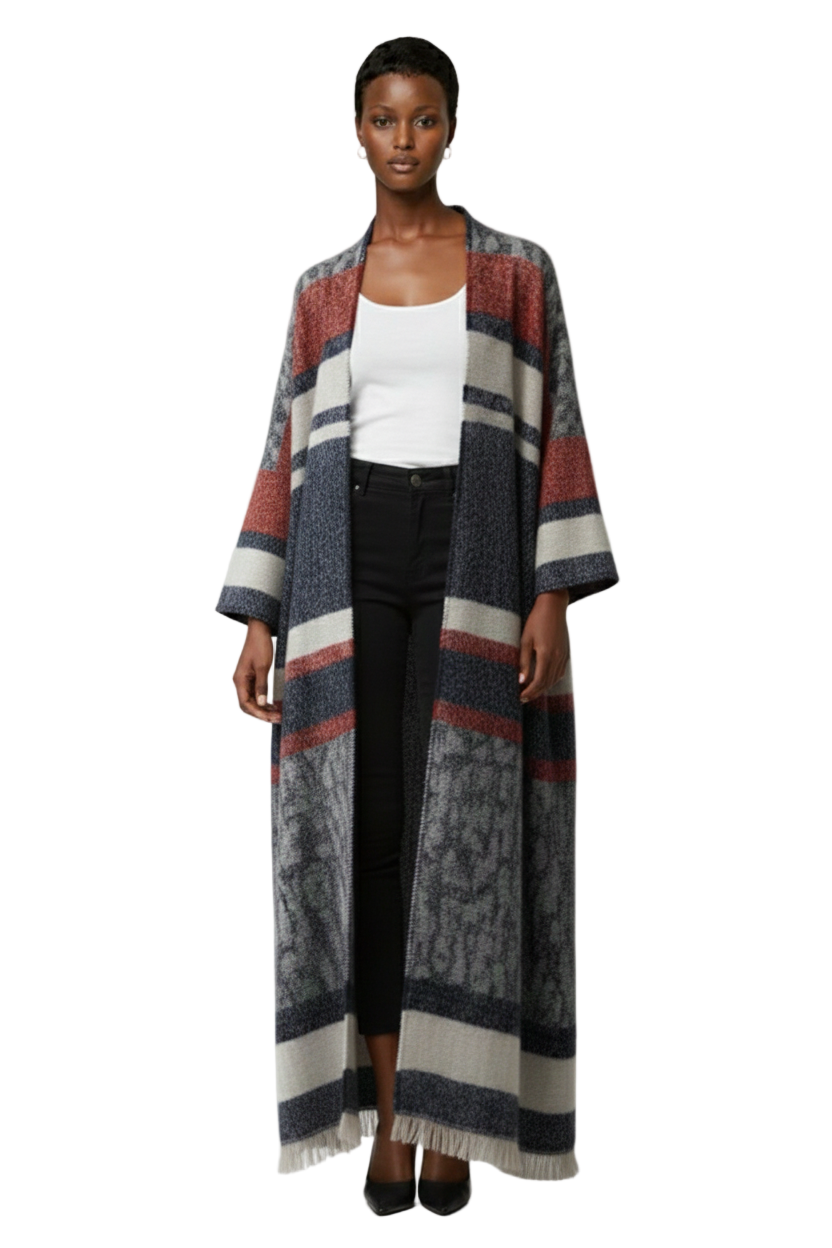 Bohemian Textured Striped Long Kimono Cardigan