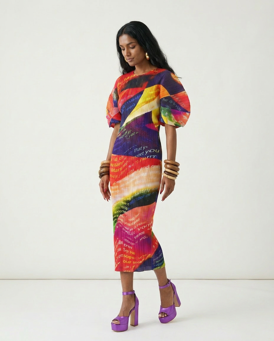 Vibrant Printed Pleated Maxi Dress